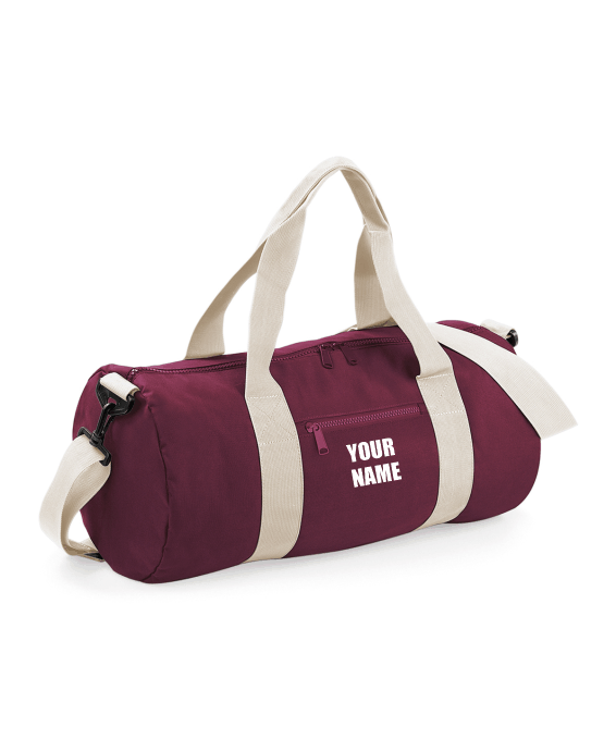 Burgundy & White Personalised Sports Barrel Bag