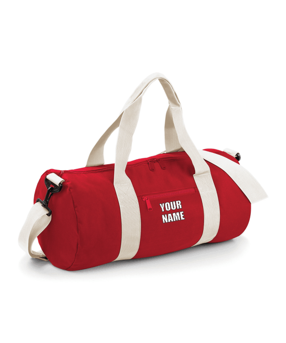 Red & White Personalised Sports Barrel Bag